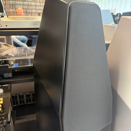 Tall black speaker cabinet in foreground of a listening room; shelves of CDs and a person at a console in the background.