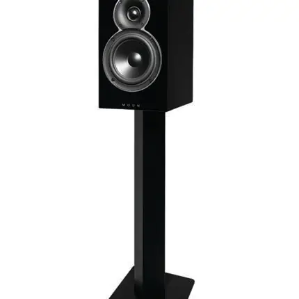 Black floor-standing speaker on a tall pedestal stand, with a circular woofer and smaller tweeter in a rectangular enclosure (Moon brand).