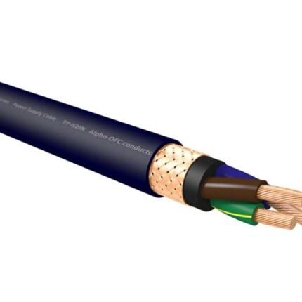 Cross-section of a multi-core electrical cable showing copper conductors with brown, blue, and green/yellow insulation inside a blue outer sheath