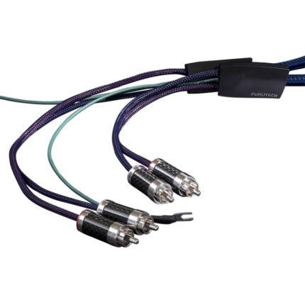 Set of braided RCA interconnect cables with metal connectors, branded Furutech, in purple and blue sleeves.