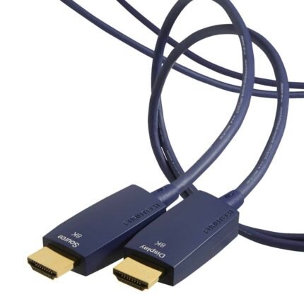 Pair of blue HDMI cables with gold-plated connectors, labeled 'Source 8K' and 'Display 8K'.