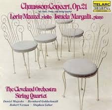 Album cover for Chausson Concert, Op. 21, featuring The Cleveland Orchestra String Quartet; image shows four white metal chairs with a delicate pink-tinted title text above.