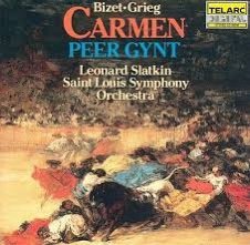 Album cover for Bizet-Grieg: Carmen and Peer Gynt, conducted by Leonard Slatkin with the Saint Louis Symphony Orchestra, featuring a dramatic painted scene.