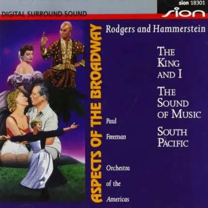 Broadway album cover with colorful dancers on the left and a blue panel listing Rodgers and Hammerstein musicals: The King and I, The Sound of Music, South Pacific.