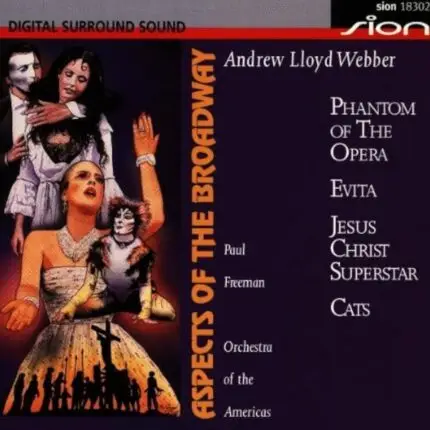 Album cover collage for musical theater: Andrew Lloyd Webber titles (Evita, Phantom of the Opera, Jesus Christ Superstar, Cats) with a prominent ballerina in a gown and a crowd silhouette at bottom