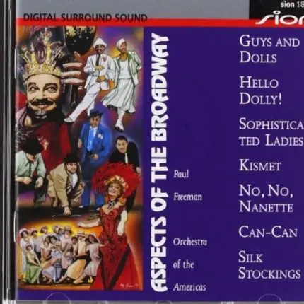 Broadway musical compilation cover with a colorful collage of performers on the left and a purple panel on the right listing song titles like Hello Dolly! and Guys and Dolls.