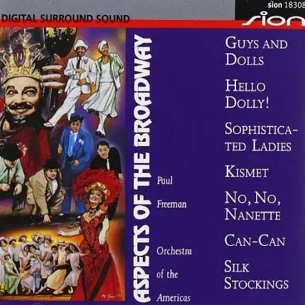 Broadway musical album cover: collage of performers on the left and a purple panel listing show titles such as Guys and Dolls, Hello Dolly!, Sophisticated Ladies, Kismet, No, No Nanette, Can-Can, Silk Stockings.