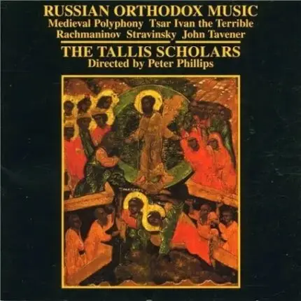 Album cover for Russian Orthodox Music by The Tallis Scholars, featuring a framed medieval icon depicting a holy scene, with gold text titles at the top.