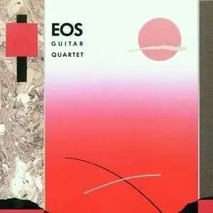 Album cover for EOS Guitar Quartet with a pink-to-red gradient, a pink circular sun, and abstract white lines.