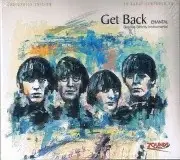 Poster for 'Get Back' featuring four men with shaggy hair in a blue-yellow painted background.