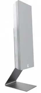Tall slim gray speaker on a metal angled stand.