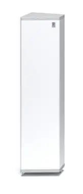 Tall white freestanding storage cabinet with a single door and minimal design.