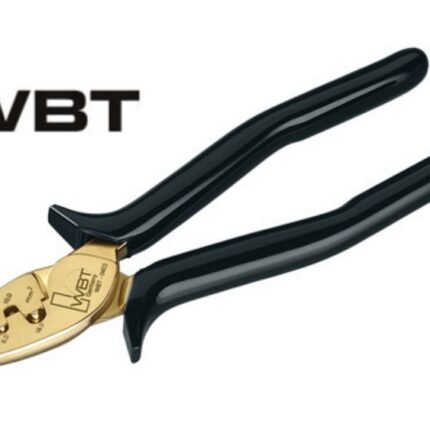 WBT crimping pliers tool with gold-plated jaws and black handles, used for electrical terminals.