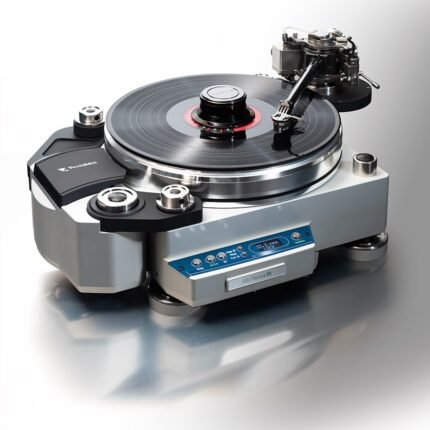 High-end turntable with a spinning vinyl record and tonearm on a sleek metallic base.