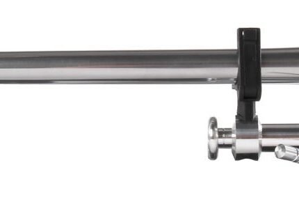 Long stainless steel linear actuator/slide with mounting base and bearing blocks, showing wiring on the left and a rotating flange on the right (industrial mechanical component)
