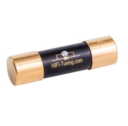 Gold-plated cylindrical fuse with black center printed 'HIFI-Tuning.com' on the body.