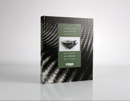 Hardcover book standing upright on a shiny surface, cover features a black-and-white wave pattern with a green label in the center.