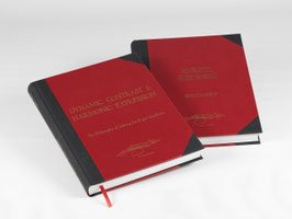 Two red hardcover books with black spines and gold lettering lie on a white surface, each with a red ribbon bookmark visible.