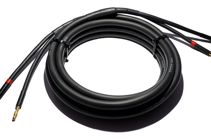 Coiled black speaker cable with gold-plated banana plugs at both ends.