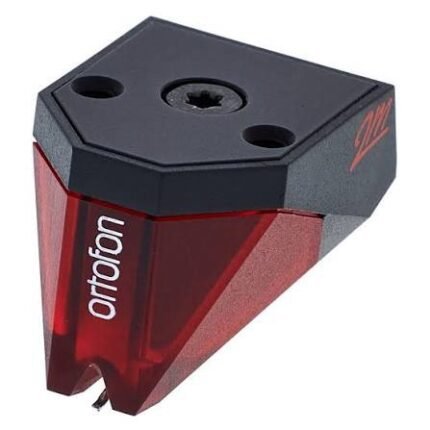 Ortofon phono cartridge with red translucent body and stylus, shown at an angle for vinyl playback.