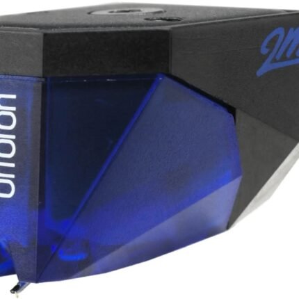 Ortofon phono cartridge with blue translucent body and black top, shown in close-up.