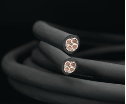 Close-up of two black power cables with exposed copper cores (stranded wires) at the ends.