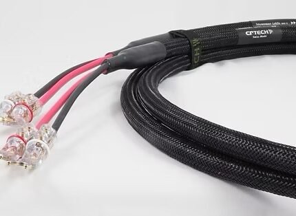 Two speaker cables with red and black leads ending in gold-plated banana plugs, laid on a black braided sleeve.