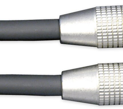 Two gold-plated male RCA connectors on gray cables, shown side by side with knurled metal ends.
