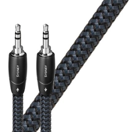 Braided black-and-blue 3.5mm stereo audio cable with two connectors labeled SYDNEY (left and right) close-up