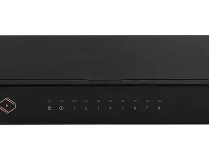 Front view of a black network switch with eight labeled LEDs/ports and a small copper hex logo on the left.